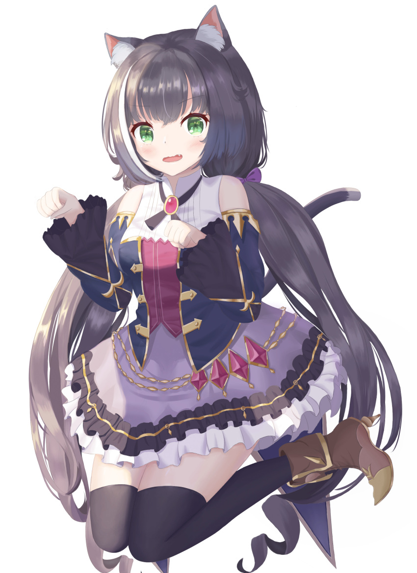 1girl absurdres animal_ears bangs bare_shoulders black_hair black_legwear blush bow cat_ears cat_girl cat_tail detached_sleeves dress eyebrows_visible_through_hair fang frilled_dress frills full_body green_eyes hair_bow hands_up highres jewelry karyl_(princess_connect!) long_hair long_sleeves looking_at_viewer multicolored_hair open_mouth paw_pose princess_connect! princess_connect!_re:dive sidelocks solo streaked_hair tail tallon thigh-highs thighs twintails white_background wide_sleeves