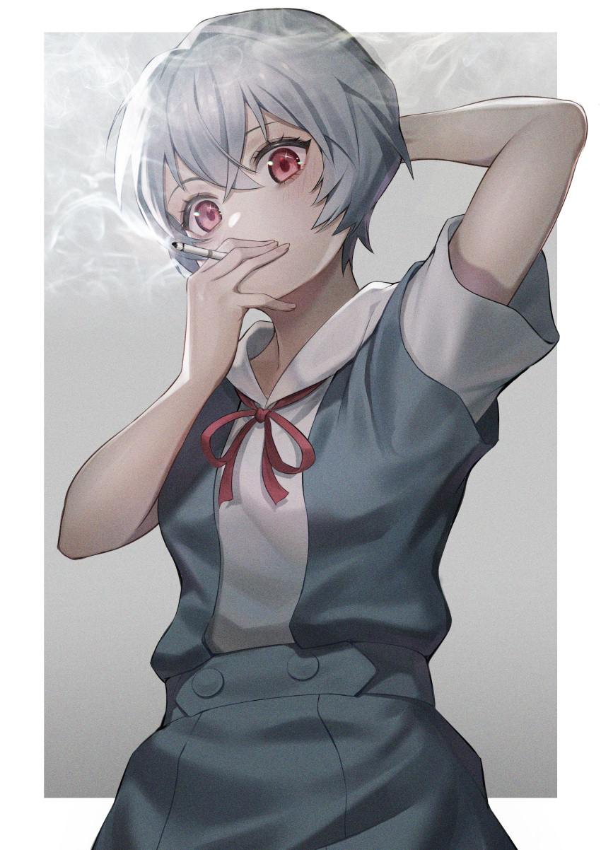 1girl absurdres arm_behind_head arm_up ayanami_rei bangs blue_skirt blush border cigarette commentary_request ebinomi gradient gradient_background grey_background highres huge_filesize looking_at_viewer neon_genesis_evangelion outside_border red_eyes red_ribbon ribbon school_uniform short_hair short_sleeves silver_hair skirt smoke smoking solo sparkling_eyes tokyo-3_middle_school_uniform_(evangelion) white_border