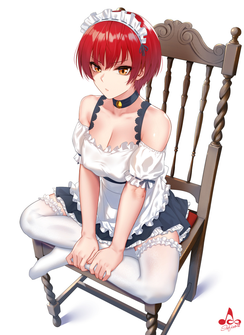 1girl apron artist_logo bangs bare_shoulders black_choker brown_eyes chair choker closed_mouth collarbone commentary_request detached_sleeves dress eyebrows_visible_through_hair frilled_apron frilled_legwear frills highres infinote lips looking_at_viewer maid maid_headdress mole mole_under_eye no_shoes original redhead ribbon-trimmed_sleeves ribbon_trim short_hair signature simple_background sitting solo thigh-highs waist_apron white_apron white_background white_legwear zettai_ryouiki