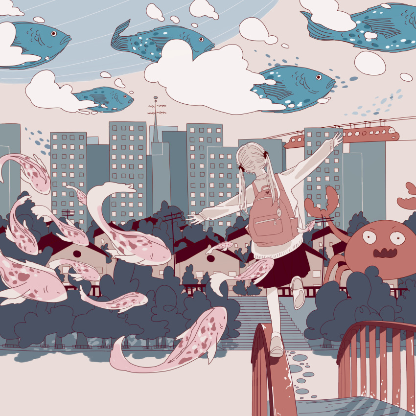 1girl bag black_skirt building city clouds cloudy_sky crab fantasy fish ground_vehicle highres house low_twintails original skirt sky stairs surreal train tree twintails whale yaerun