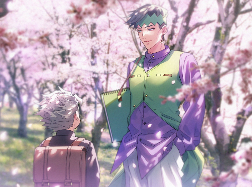 2boys :d backpack bag black_hair black_jacket blurry brown_bag buttons carrying_under_arm cherry_blossoms collared_shirt commentary_request day depth_of_field diamond_wa_kudakenai dress_shirt earrings facing_away falling_petals gakuran glint grass green_eyes green_headband green_vest grey_hair hand_in_pocket headband height_difference highres hirose_koichi jacket jewelry jojo_no_kimyou_na_bouken k_(gear_labo) kishibe_rohan long_sleeves looking_at_another looking_down male_focus multiple_boys notebook open_mouth outdoors pants petals purple_shirt school_bag school_uniform shirt short_hair smile spiky_hair standing tree untucked_shirt vest white_pants wind