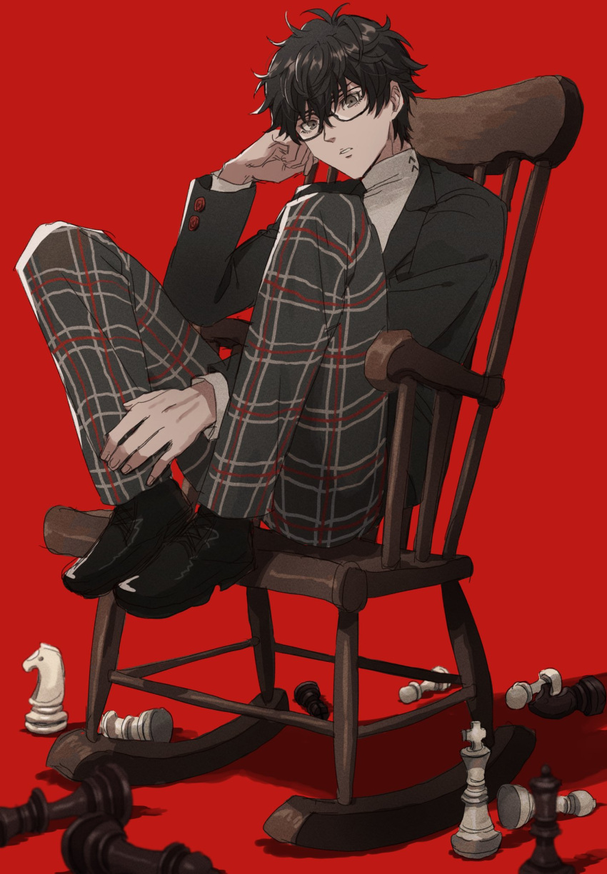 1boy amamiya_ren black_eyes black_footwear black_hair black_jacket blazer chair chess_piece feet_on_chair glasses highres jacket kometubu0712 looking_at_viewer pants parted_lips persona persona_5 plaid plaid_pants red_background rocking_chair school_uniform shadow shoes shuujin_academy_uniform simple_background solo sweater turtleneck turtleneck_sweater wavy_hair white_sweater