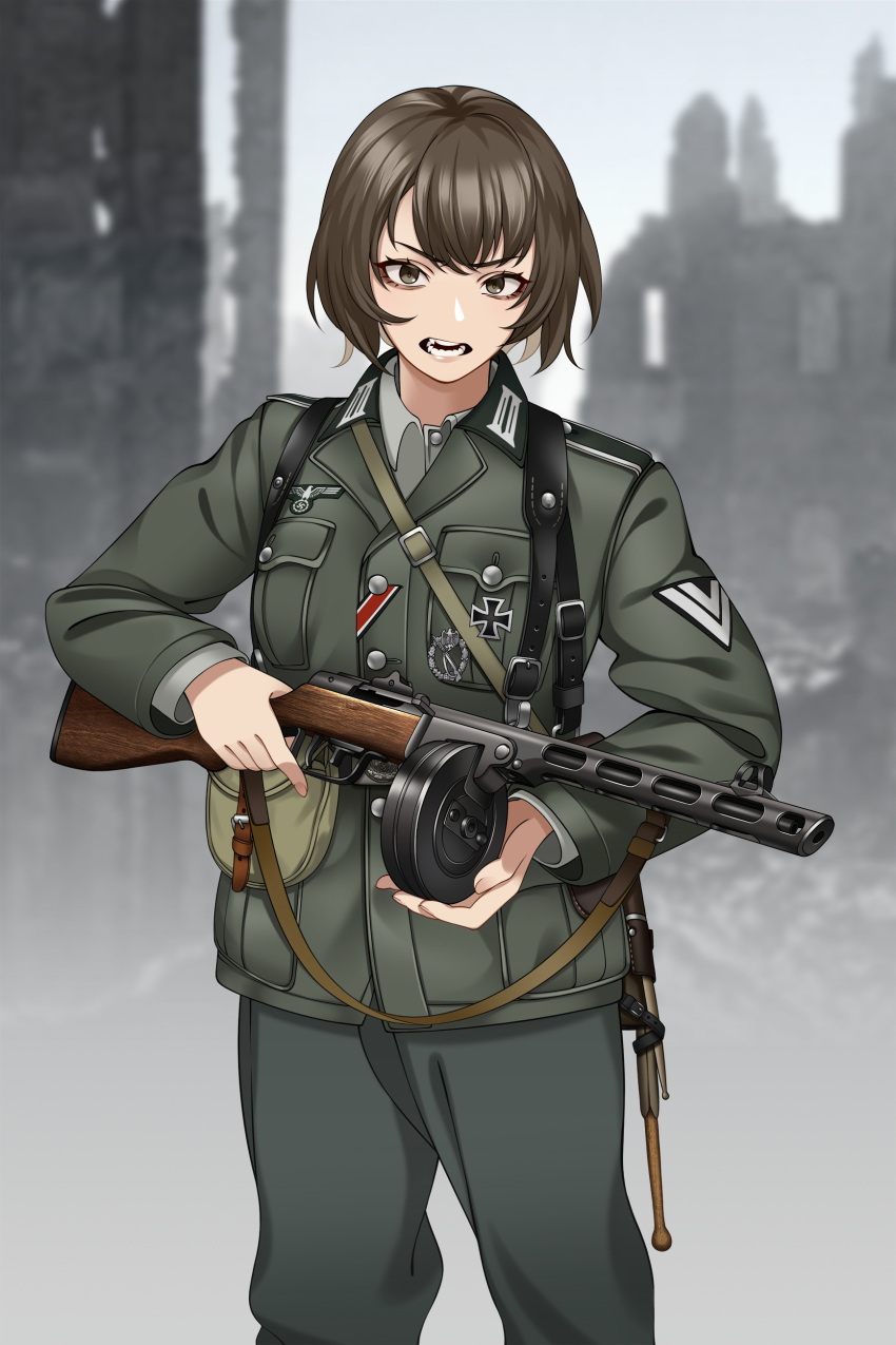 1girl absurdres bangs brown_eyes brown_hair english_commentary germany gun highres holding holding_weapon jacket keiita long_sleeves looking_at_viewer military military_uniform nazi open_mouth original outdoors pants photo_background ppsh-41 ruins short_hair solo submachine_gun teeth uniform weapon world_war_ii