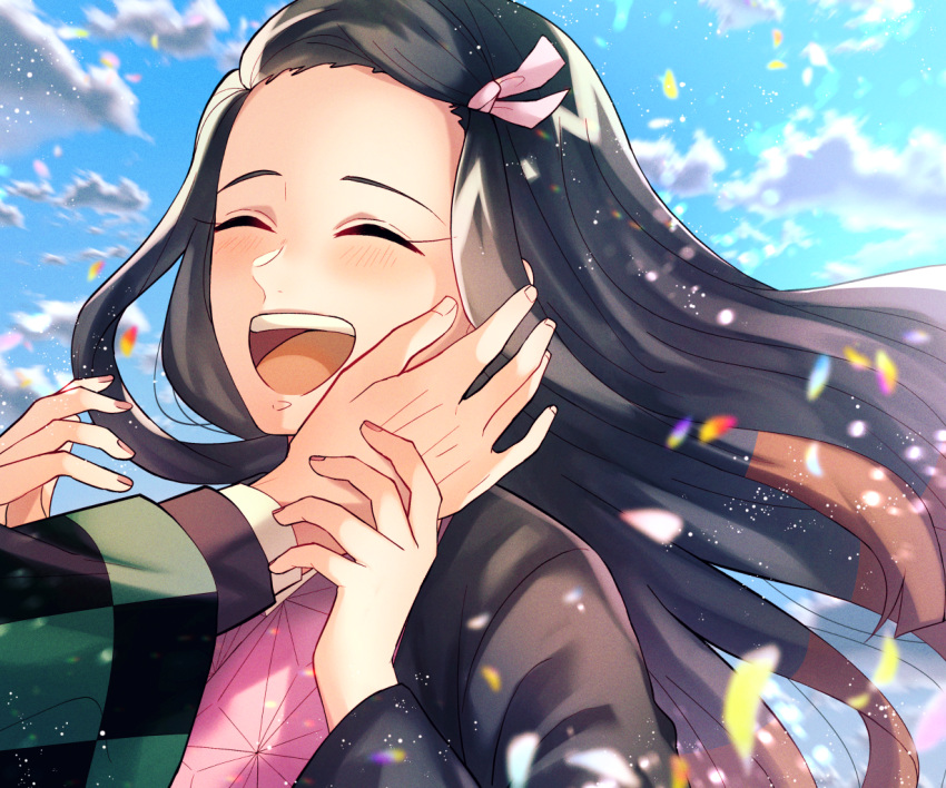 1girl :d black_hair blue_sky brown_hair closed_eyes clouds floating_hair hair_ribbon hand_on_another's_cheek hand_on_another's_face haori japanese_clothes kamado_nezuko kimetsu_no_yaiba kimono long_hair long_sleeves mady_(madine08260) multicolored_hair open_mouth pink_kimono pink_ribbon ribbon sky smile solo solo_focus two-tone_hair upper_body very_long_hair