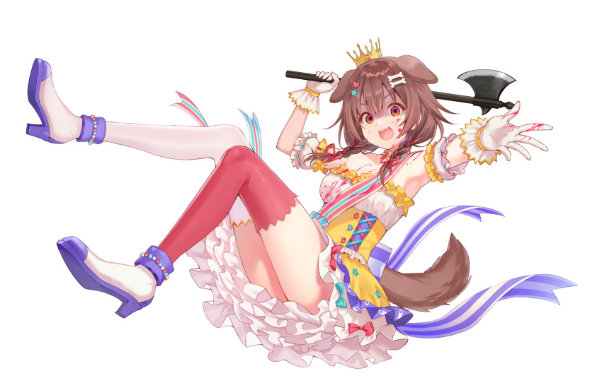 :d ankle_cuffs axe blood blood_on_face bloody_clothes bloody_hands braid brown_hair crown detached_sleeves dress fangs frilled_gloves frills fukahire_(ruinon) full_body gloves gold_trim hair_ornament heart heart_hair_ornament high_heels highres holding holding_axe hololive inugami_korone layered_dress legs looking_at_viewer open_mouth red_eyes red_legwear ribbon ribbon_braid smile star_(symbol) star_hair_ornament strapless strapless_dress striped striped_ribbon thigh-highs twin_braids white_gloves white_legwear yellow_dress