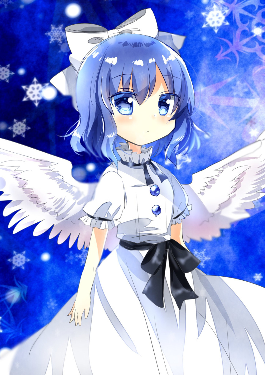 1girl bangs belt black_belt blue_background blue_eyes blue_hair bow closed_mouth commentary cowboy_shot dress eyebrows_visible_through_hair hair_bow highres mai_(touhou) ougi_maimai short_hair signature simple_background snowflakes snowing solo standing touhou touhou_(pc-98) white_bow white_dress white_wings wings