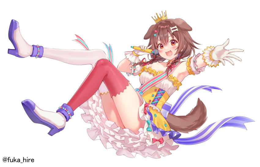 :d ankle_cuffs brown_hair crown detached_sleeves dress fangs frilled_gloves frills fukahire_(ruinon) full_body gloves gold_trim hair_ornament heart heart_hair_ornament high_heels highres holding holding_microphone hololive inugami_korone layered_dress legs looking_at_viewer microphone open_mouth red_eyes red_legwear ribbon smile star_(symbol) star_hair_ornament strapless strapless_dress striped striped_ribbon thigh-highs white_gloves white_legwear yellow_dress