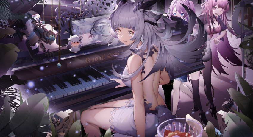 &gt;_&lt; 3girls absurdres animal_ears arknights backless_dress backless_outfit bangs black_jacket black_legwear black_neckwear blue_eyes blue_poison_(arknights) blunt_bangs breasts character_doll chinese_commentary commentary_request cropped_jacket cup dress drinking_glass eyebrows_visible_through_hair grand_piano hibiscus_(arknights) high_heels highres horns huge_filesize instrument jacket jinjide_shaonian long_hair looking_back mismatched_legwear multiple_girls necktie open_mouth owl_ears pantyhose peeking piano pink_eyes pink_hair plant pointy_ears ptilopsis_(arknights) reflection robot silver_hair sitting sleeveless sleeveless_dress tail thigh-highs very_long_hair white_dress yellow_eyes