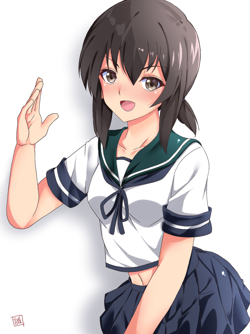 1girl black_eyes black_hair blue_sailor_collar blue_skirt commentary_request fubuki_(kancolle) highres kantai_collection long_hair looking_at_viewer low_ponytail pleated_skirt ponytail sailor_collar school_uniform sebunsu serafuku short_ponytail sidelocks simple_background skirt solo waving white_background