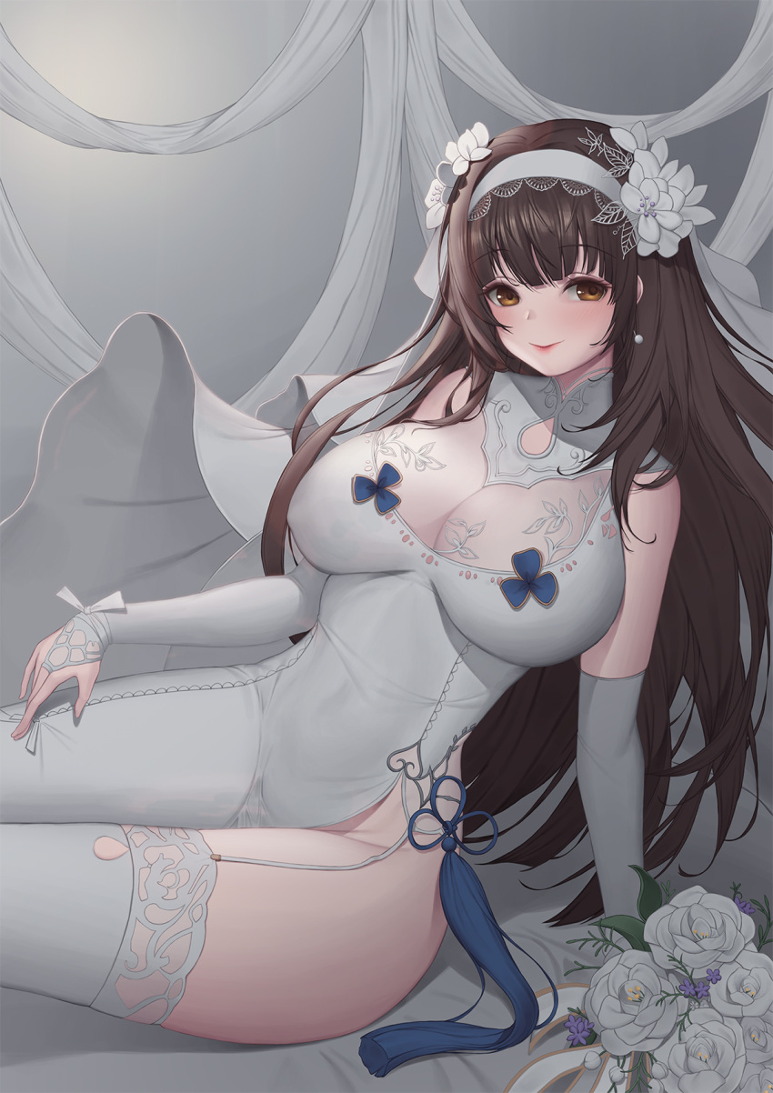 1girl baeg_mi black_hair breasts bridal_gauntlets bridal_veil brown_eyes dress elbow_gloves garter_straps girls_frontline gloves hairband highres large_breasts long_hair qbz-95_(girls_frontline) solo thigh-highs veil wedding_dress white_dress white_gloves white_hairband white_legwear