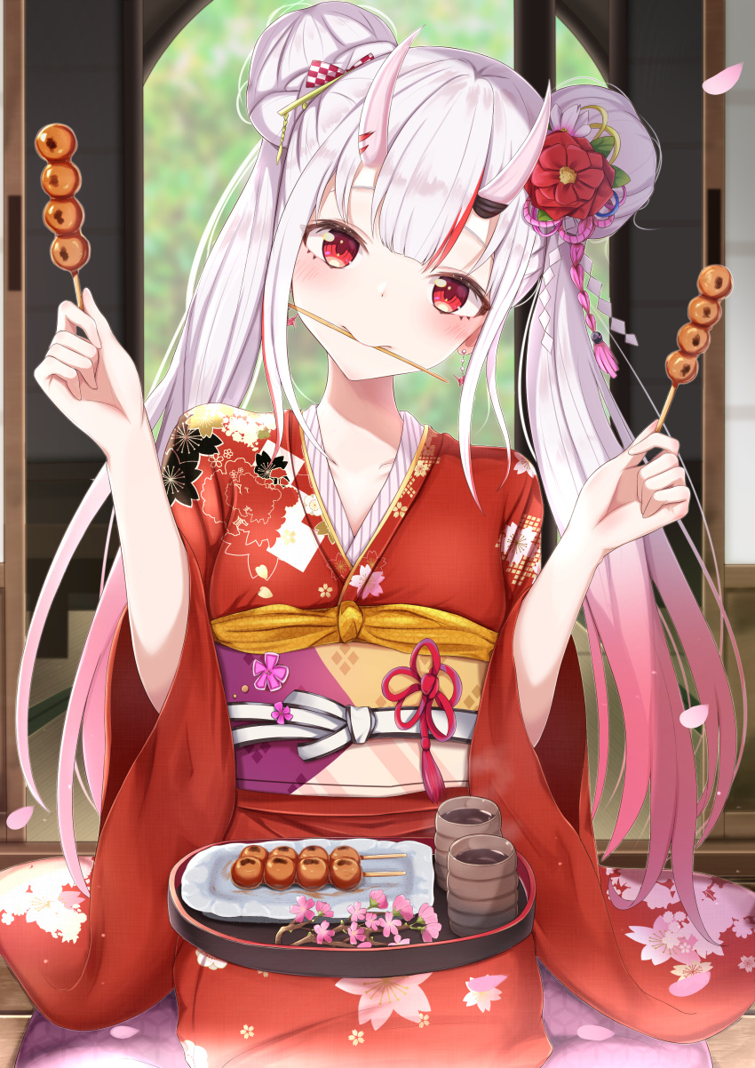 1girl absurdres arms_up bangs blush branch collarbone cup dango doorway double_bun earrings floral_print flower food gradient_hair hair_flower hair_ornament head_tilt highres holding holding_food hololive horn_ornament horns inaka_44 indoors japanese_clothes jewelry kimono long_hair looking_at_viewer multicolored_hair nakiri_ayame obi oni oni_horns petals red_eyes red_kimono redhead sash seiza silver_hair sitting smile solo stick streaked_hair tatami tray virtual_youtuber wagashi wide_sleeves yunomi