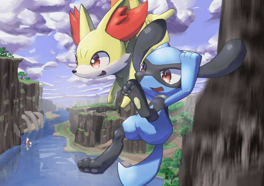 1boy absurdres animal_ears arms_up black_fur blue_fur blue_sky body_fur bridge cliff clouds commentary_request day falling fangs fennekin fox_heart full_body furry gen_3_pokemon gen_4_pokemon gen_6_pokemon happy highres jpeg_artifacts leg_up male_focus midair milotic motion_blur open_mouth outdoors pawpads paws pokemon pokemon_(creature) red_eyes reflection riolu river sideways_mouth sky smile snout tail tree two-tone_fur water wolf_boy wolf_tail