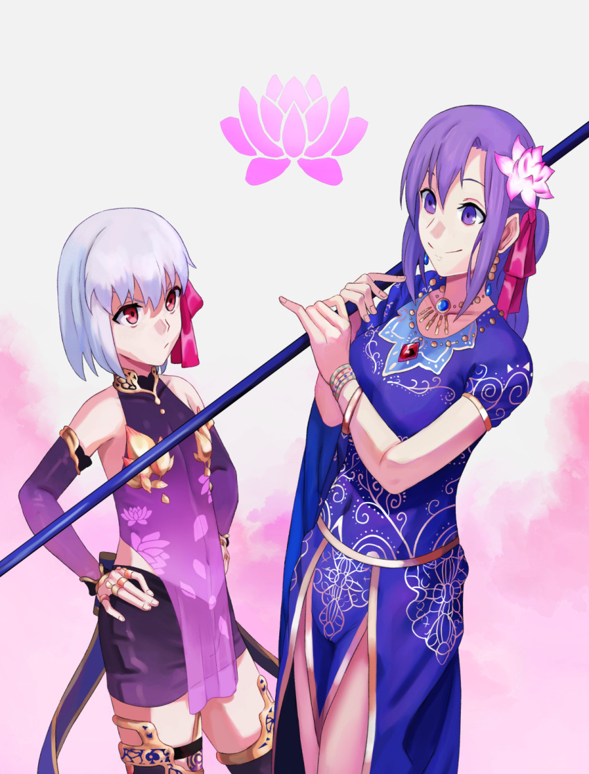 2girls armlet armor bangs bare_shoulders bikini_armor blue_dress blush bracelet breasts collar detached_sleeves dress earrings fate/grand_order fate_(series) floral_print flower hair_ribbon hands_on_hips highres indian_clothes jewelry kama_(fate) large_breasts long_hair lotus matou_sakura metal_collar miniskirt multiple_girls necklace parvati_(fate) pelvic_curtain pendant polearm ponytail purple_dress purple_hair purple_legwear purple_skirt purple_sleeves red_eyes ribbon ring short_hair short_sleeves sidelocks silver_hair skirt small_breasts smile thigh-highs thighlet thighs ugo_(artist) violet_eyes weapon