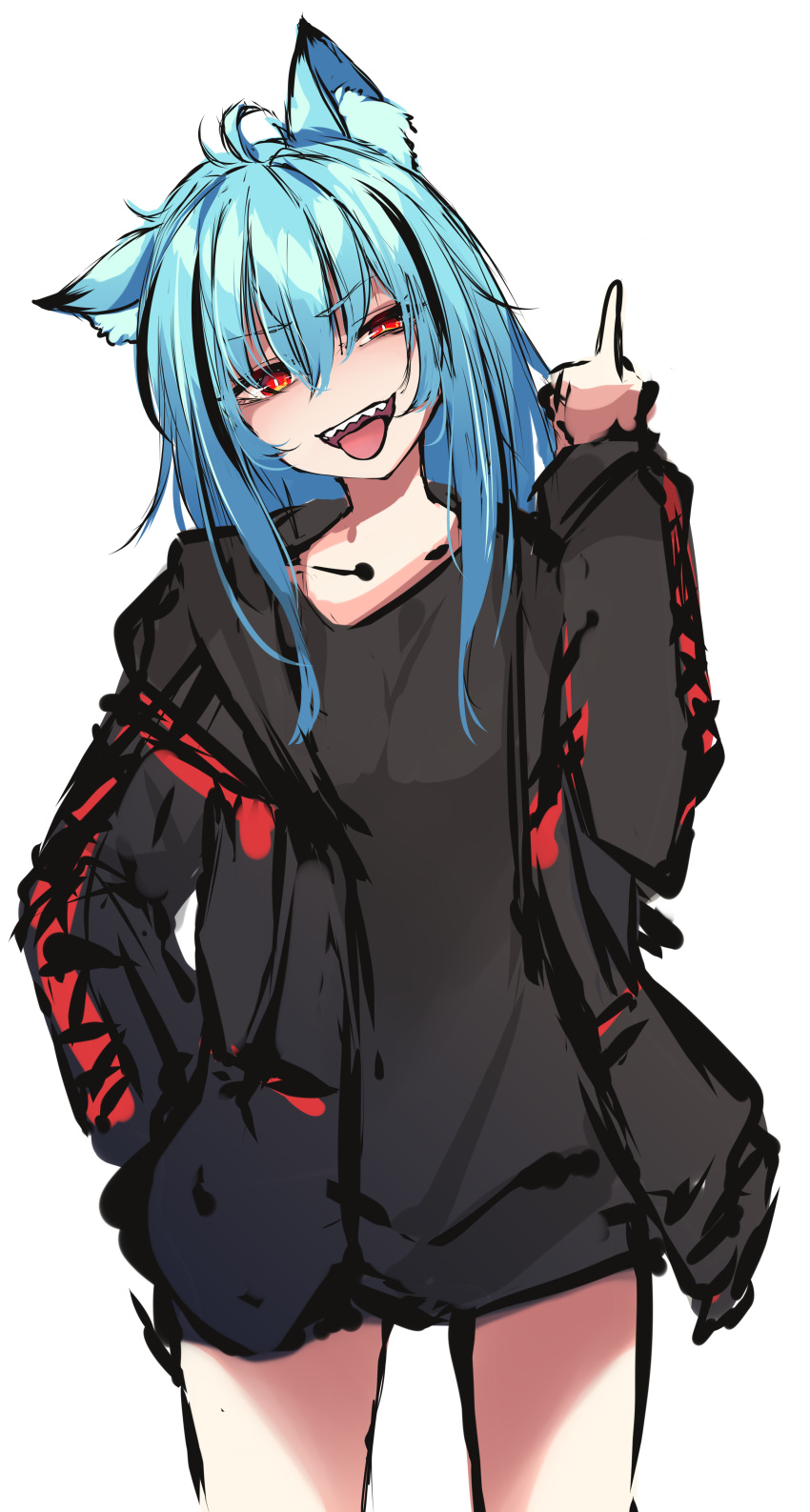 1girl :d absurdres ahoge animal_ear_fluff animal_ears bangs black_jacket black_shirt blue_hair eyebrows_visible_through_hair hair_between_eyes hand_up head_tilt highres jacket kana616 long_hair long_sleeves middle_finger open_clothes open_jacket open_mouth original red_eyes sharp_teeth shirt simple_background sketch smile solo standing teeth tongue tongue_out white_background