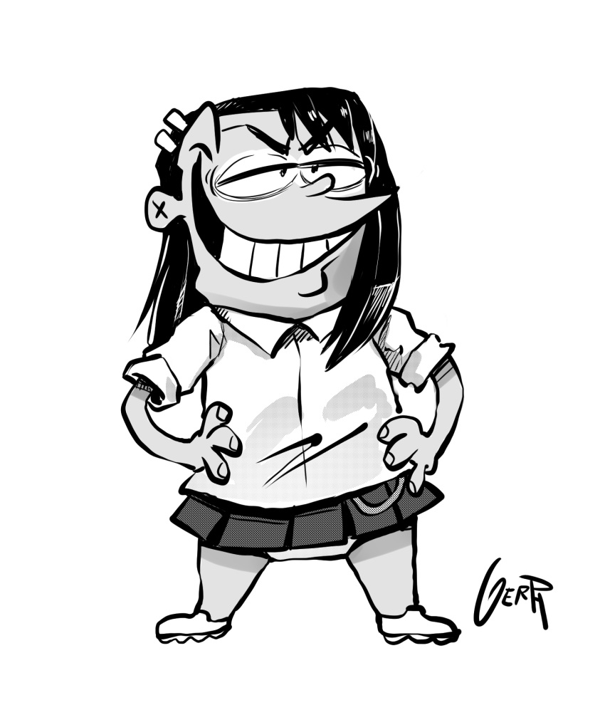 1boy artist_name bangs collared_shirt commentary cosplay crossdressinging dark_skin dark_skinned_male dress_shirt ed_edd_n_eddy eddy_(ed_edd_n_eddy) full_body gerph greyscale grin hair_ornament hairclip highres ijiranaide_nagatoro-san male_focus monochrome nagatoro_hayase nagatoro_hayase_(cosplay) panties pleated_skirt romaji_commentary shirt shoes short_sleeves signature simple_background skirt smile smirk solo standing thick_eyebrows underwear v-shaped_eyebrows white_background