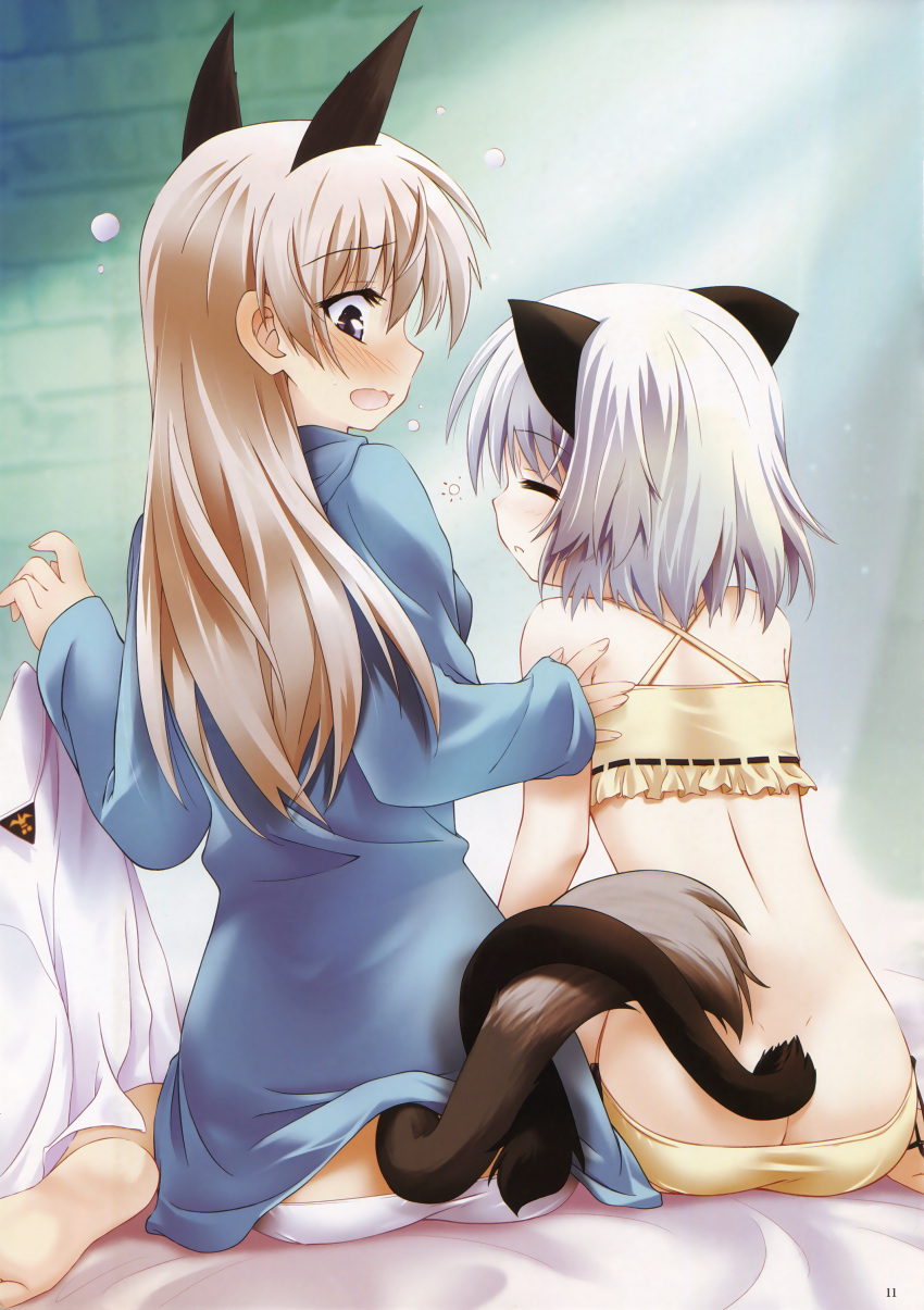 2girls absurdres animal_ears ass blue_eyes blush bra breasts butt_crack cat_ears cat_tail closed_eyes eila_ilmatar_juutilainen eyebrows_visible_through_hair fox_ears fox_tail highres huge_filesize indoors light_rays long_hair medium_breasts military military_uniform multiple_girls official_art open_mouth panties sanya_v._litvyak shiny shiny_hair short_hair sitting sleepy strike_witches sunbeam sunlight tail tsuchiyama_niu underwear underwear_only uniform wavy_mouth white_hair white_panties world_witches_series yellow_bra yellow_panties yuri