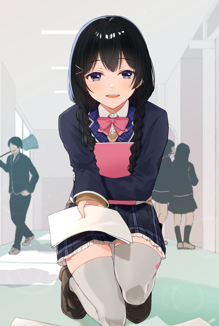 1girl absurdres bangs beige_cardigan black_hair black_jacket black_skirt blazer bow bowtie braid brown_footwear cardigan collared_shirt eyebrows_visible_through_hair frilled_skirt frills hair_ornament hairclip hallway highres holding holding_paper jacket katetawa loafers looking_at_viewer low_twintails nijisanji one_knee open_mouth paper pink_neckwear plaid plaid_skirt pleated_skirt school_uniform shirt shoes skirt solo_focus thigh-highs tsukino_mito twin_braids twintails violet_eyes virtual_youtuber white_legwear white_shirt window