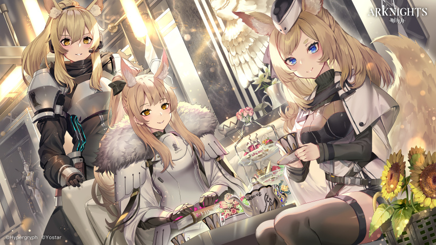 3girls absurdres animal_ear_fluff animal_ears arknights armor aunt_and_niece bangs belt black_belt black_dress black_headwear black_legwear blemishine_(arknights) blonde_hair blue_eyes breastplate commentary copyright_name cup dress dutch_angle flower fur_trim grin hair_between_eyes headset highres holding holding_cup indoors kingdom_of_kazimierz_logo long_hair long_sleeves looking_at_viewer multiple_girls nearl_(arknights) parted_lips pauldrons shoulder_armor siblings sisters sitting smile sunflower teacup teapot thigh-highs thighs whislash_(arknights) yellow_eyes yellow_flower yoshimoto_(dear_life)