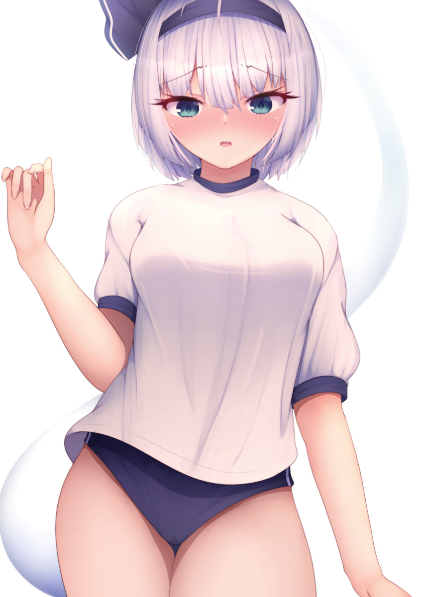 arm_up blue_buruma blue_eyes blush bob_cut breasts buruma commentary contrapposto darumoon eyebrows_visible_through_hair hair_between_eyes hair_ribbon highres konpaku_youmu konpaku_youmu_(ghost) looking_at_viewer medium_breasts parted_lips ribbon shirt short_hair silver_hair simple_background standing touhou white_background white_shirt