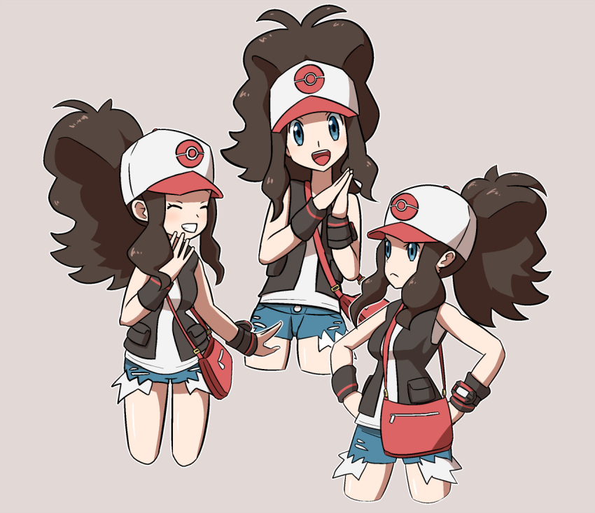 1girl :d antenna_hair bag black_wristband blue_eyes brown_hair clenched_teeth closed_eyes closed_mouth commentary_request eyelashes frown grin hands_on_hips hands_together hilda_(pokemon) long_hair omoitsuka open_clothes open_mouth open_vest pokemon pokemon_(game) pokemon_bw pokemon_masters_ex ponytail shirt short_shorts shorts sidelocks smile teeth tongue vest white_shirt wristband