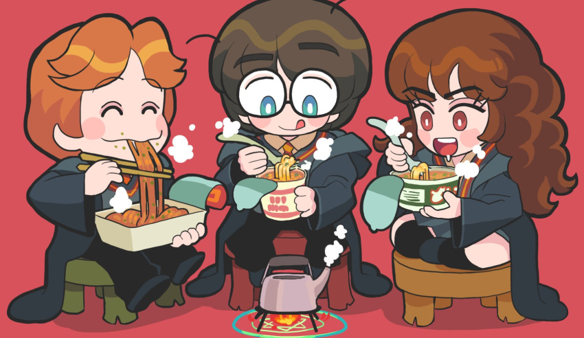 1girl 2boys aqua_eyes blush brown_eyes brown_hair chopsticks closed_eyes eating eyebrows_visible_through_hair food fork gashi-gashi glasses harry_james_potter harry_potter hermione_granger highres multiple_boys no_nose noodles open_mouth ramen ron_weasley smile steam stool tongue tongue_out