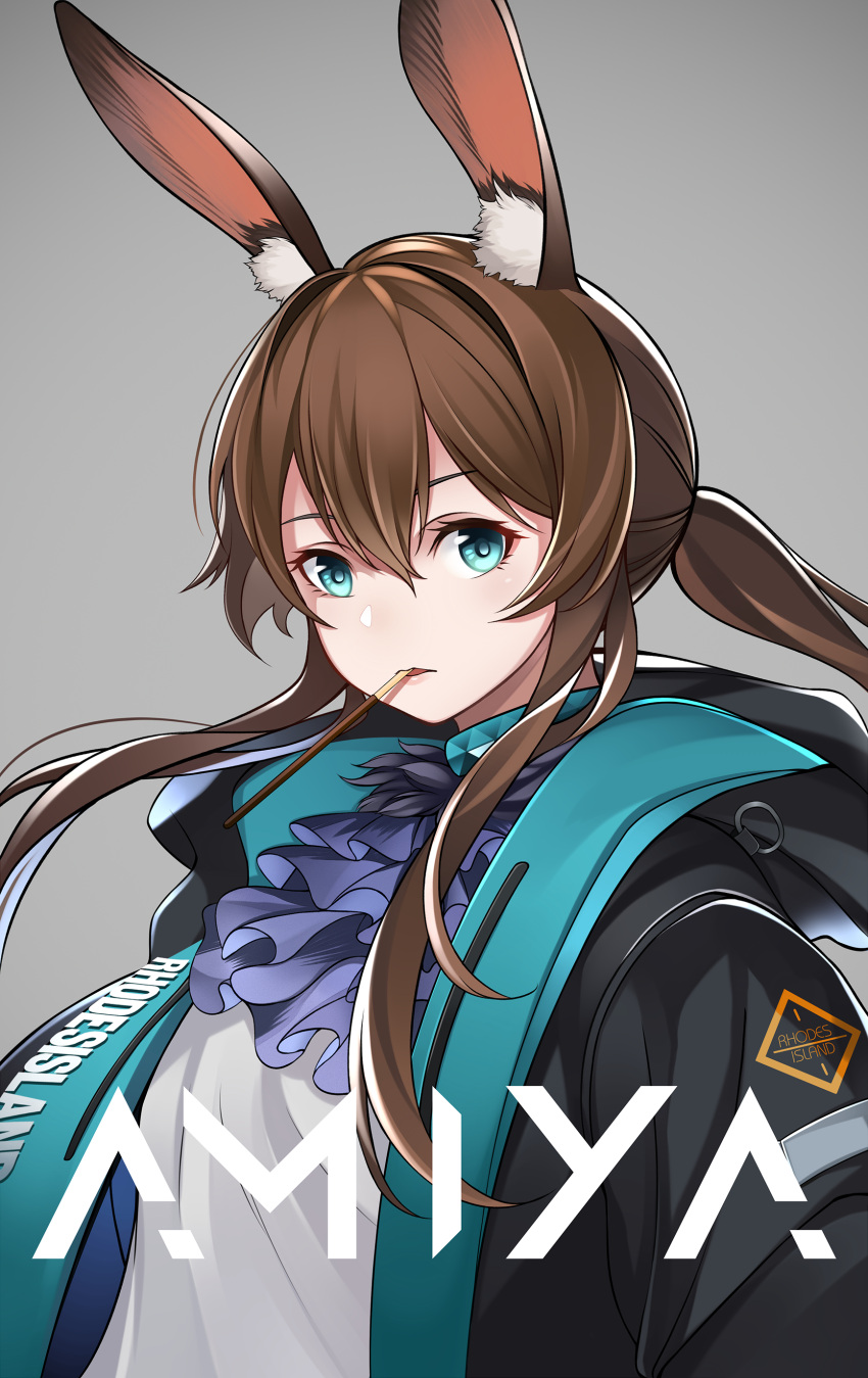 1girl absurdres amiya_(arknights) animal_ears arknights baggy_clothes bangs black_jacket blue_eyes brown_hair character_name food food_in_mouth gradient gradient_background grey_background hair_between_eyes highres hood hood_down jacket jewelry keiita long_hair long_sleeves looking_at_viewer mouth_hold open_clothes open_jacket playboy_bunny pocky pocky_day rabbit_ears shirt solo upper_body