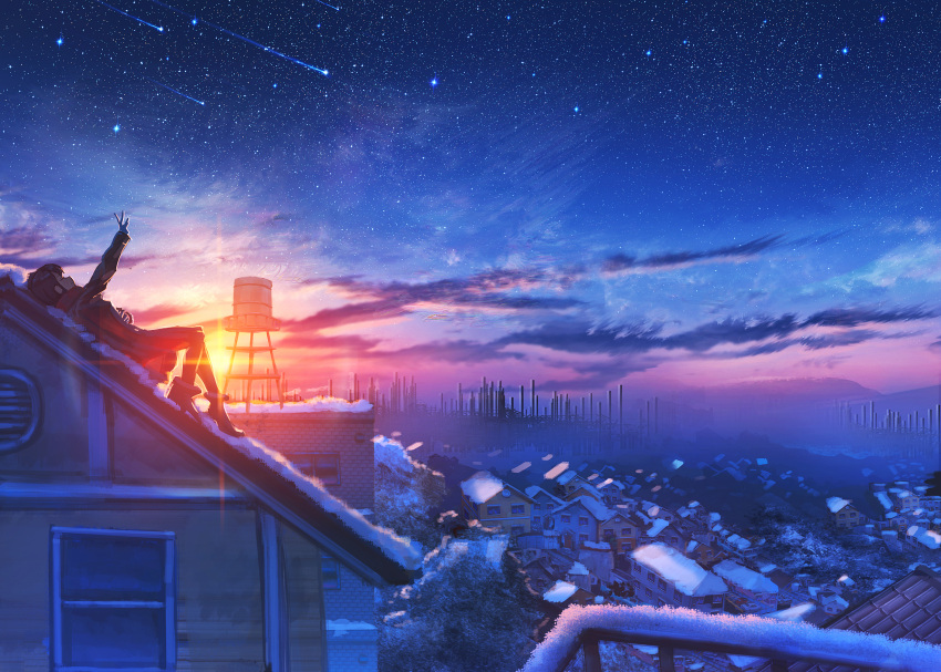 1girl black_coat black_hair boots building cityscape closed_eyes clouds coat commentary highres house kenzo_093 lying meteor night on_back original outdoors outstretched_arm railing red_scarf rooftop scarf scenery sky snow solo star_(sky) starry_sky sun sunset tree water_tank