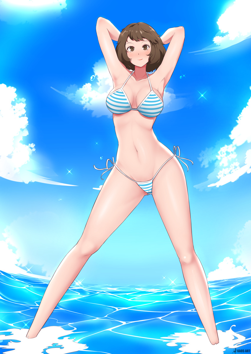 1girl absurdres armpits arms_behind_head arms_up artist_name bikini blue_sky blue_stripes breasts brown_eyes brown_hair clouds colored_skin highres kaos_art kawakami_sadayo knees legs light_blush light_smile looking_at_viewer medium_breasts multicolored multicolored_bikini multicolored_clothes navel ocean persona persona_5 persona_5_the_animation short_hair skinny sky standing swimsuit water white_skin white_stripes