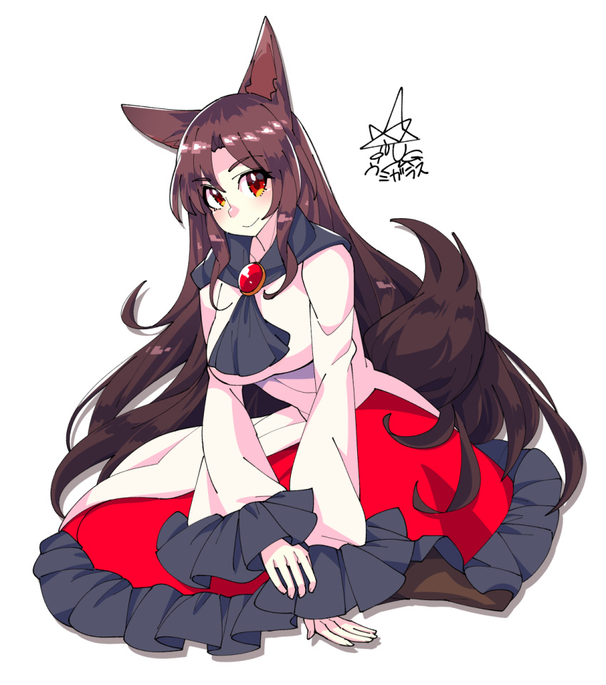 1girl animal_ears bangs breasts brooch brown_hair closed_mouth commentary_request dress eyebrows_visible_through_hair frilled_dress frilled_sleeves frills full_body highres imaizumi_kagerou jewelry large_breasts long_hair long_sleeves looking_at_viewer partial_commentary red_dress red_eyes signature simple_background sitting smile solo tail touhou umigarasu_(kitsune1963) white_background white_dress wide_sleeves wolf_ears wolf_tail
