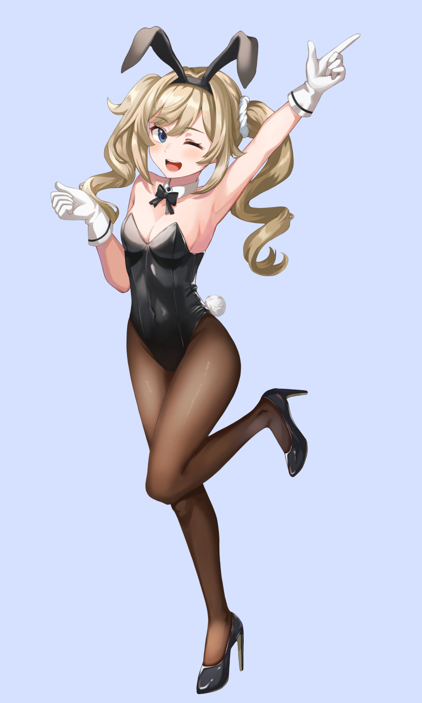 1girl absurdres alternate_costume animal_ears barbara_(genshin_impact) black_legwear black_leotard black_neckwear blonde_hair blue_background blue_eyes bow bowtie breasts bunny_tail detached_collar drill_hair genshin_impact gloves highres leotard long_hair looking_at_viewer medium_breasts pantyhose playboy_bunny pointing pointing_up rabbit_ears simple_background smile solo strapless strapless_leotard tail twin_drills twintails white_gloves yj