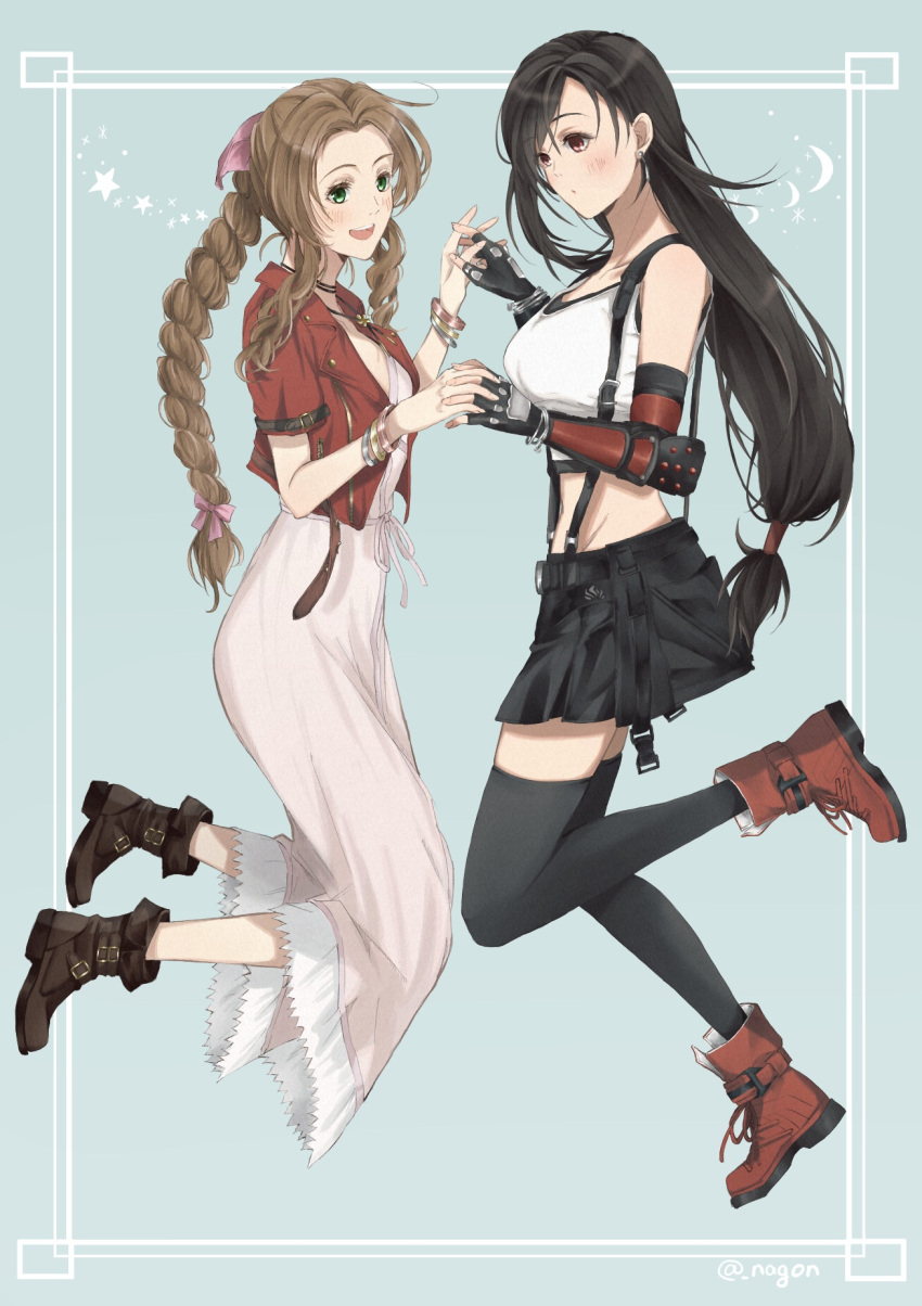 2girls :d aerith_gainsborough artist_name bangs belt belt_buckle black_gloves black_legwear black_skirt blue_background boots bow braid braided_ponytail breasts brown_footwear brown_hair buckle collarbone crop_top cropped_jacket curious dress elbow_gloves elbow_pads eyebrows_visible_through_hair final_fantasy final_fantasy_vii fingerless_gloves fingernails from_side full_body gloves green_eyes hair_bow hair_ribbon highres holding_hands interlocked_fingers jacket long_hair low-tied_long_hair medium_breasts midriff multiple_girls nagon open_mouth parted_bangs pink_bow pink_ribbon red_eyes red_footwear red_jacket ribbon short_sleeves skirt smile suspender_skirt suspenders symbol_commentary tank_top thigh-highs thighs tifa_lockhart twitter_username upper_teeth white_dress white_tank_top zettai_ryouiki