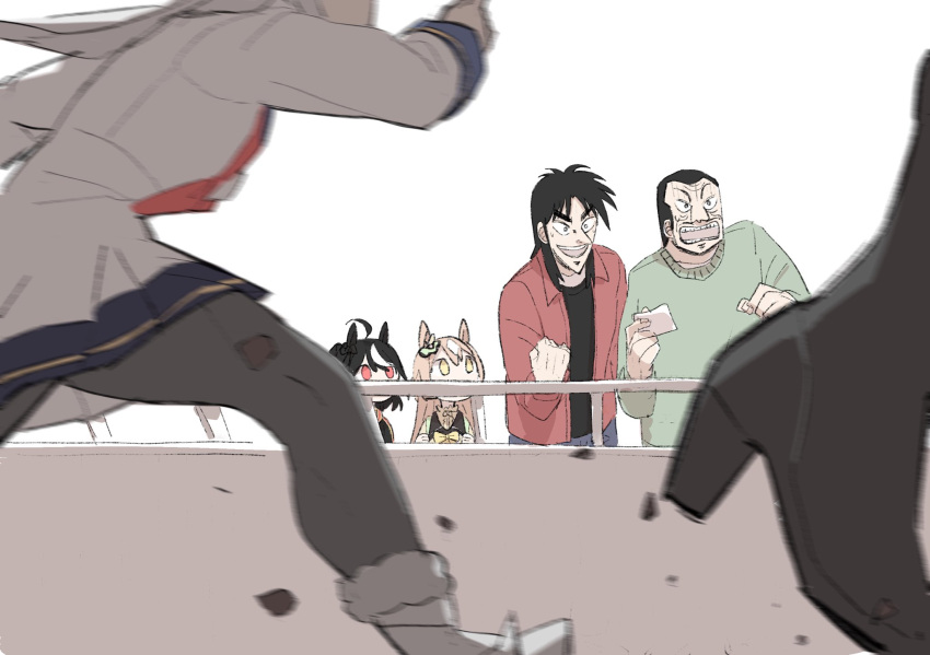 2boys 4girls ahoge animal_ears black_hair bow bowtie character_request chibi commentary_request crossover eyebrows_visible_through_hair goe_(g-o-e) high_heels highres horse_racing horse_racing_track itou_kaiji jacket kaiji looking_at_another medium_hair motion_blur multiple_boys multiple_girls ootsuki_(kaiji) open_clothes open_jacket short_hair simple_background sweater umamusume white_background white_hair
