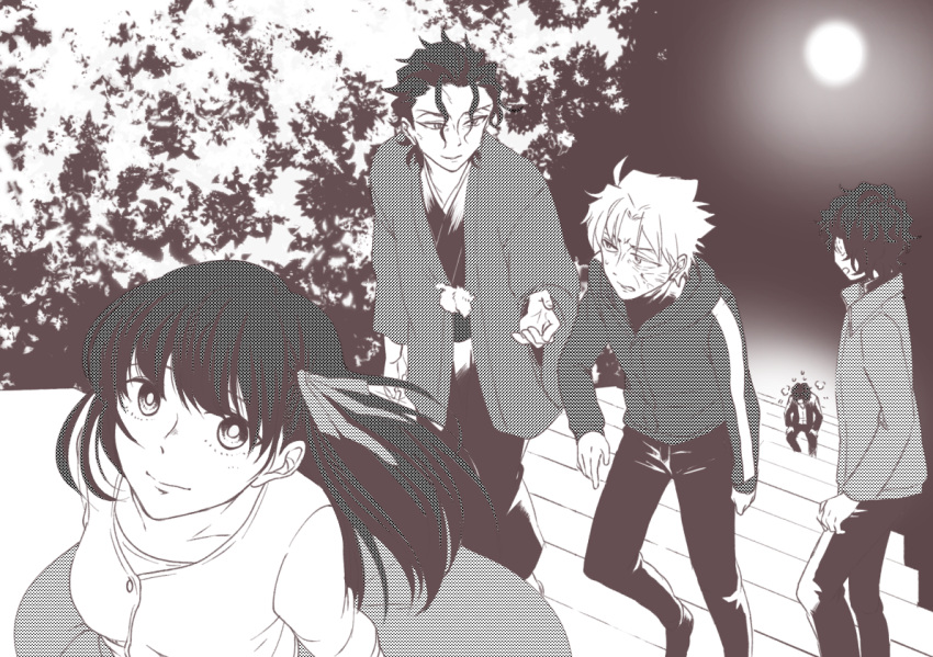 1girl 4boys ahoge blouse brother_and_sister brothers fate/stay_night fate/zero fate_(series) father_and_son hair_ribbon hood hoodie long_hair long_skirt matou_byakuya matou_kariya matou_sakura matou_shinji matou_zouken monochrome multiple_boys ribbon ronpaxronpa short_hair siblings skirt stairs sweater time_paradox turtleneck turtleneck_sweater uncle_and_niece wavy_hair