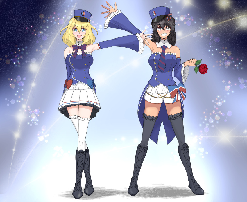 2girls absurdres adapted_costume andou_(girls_und_panzer) arm_behind_back arm_up bangs bc_freedom_(emblem) black_footwear black_hair black_legwear blonde_hair blouse blue_blouse blue_bow blue_eyes blue_headwear blue_neckwear blue_shirt blue_sleeves boots bow bowtie brown_eyes coattails collar commentary_request cross-laced_footwear crossed_legs dark_skin detached_collar detached_sleeves diagonal-striped_neckwear diagonal_stripes double_horizontal_stripe emblem eyebrows_visible_through_hair flower french_commentary frilled_legwear frilled_skirt frilled_sleeves frills full_body garters girls_und_panzer girls_und_panzer_senshadou_daisakusen! grin hat high_collar highres holding holding_flower idol kepi knee_boots lace-up_boots looking_at_viewer medium_hair messy_hair military_hat miniskirt multiple_girls necktie official_alternate_costume open_mouth oshida_(girls_und_panzer) outstretched_arm partial_commentary pleated_skirt red_bow red_flower red_neckwear red_rose rose shibainutank shirt short_shorts shorts skirt smile sparkle standing strapless strapless_shirt striped striped_neckwear thigh-highs tilted_headwear white_collar white_legwear white_shorts white_skirt