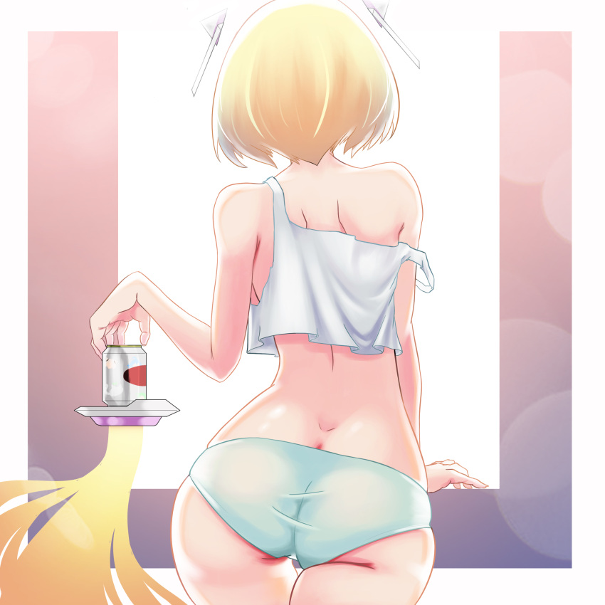 1girl absurdres aki_rosenthal ass beer_can blonde_hair can detached_hair from_behind headgear highres hoanglong13hl1 hololive leaning_on_object shoulder_blades simple_background solo strap_slip tank_top thigh_gap twintails underwear virtual_youtuber window