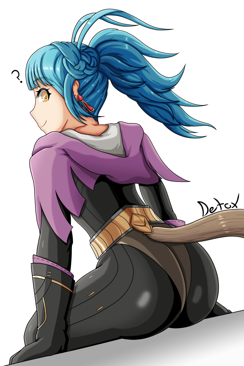 1girl absurdres ass belt bodysuit closed_mouth detoxdraws earrings fire_emblem fire_emblem_heroes gloves green_hair highres jewelry looking_at_viewer looking_back ponytail reginn_(fire_emblem) sitting smile solo_focus upper_body yellow_eyes