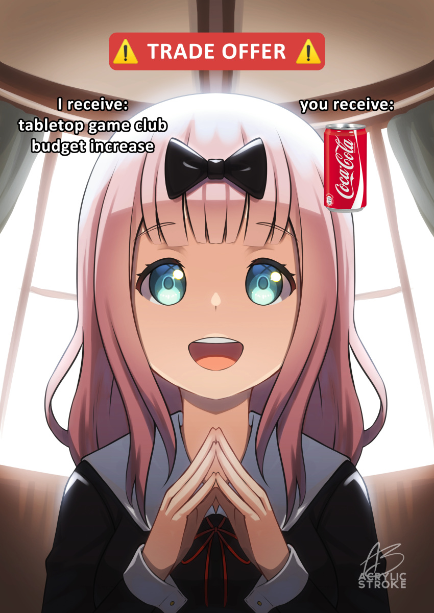 1girl :d absurdres acrylicstroke artist_name bangs black_bow black_dress blue_eyes blunt_bangs blush bow breasts coca-cola curtains dress english_commentary english_text eyebrows_visible_through_hair fingers_together fujiwara_chika hair_bow hands_up highres kaguya-sama_wa_kokurasetai_~tensai-tachi_no_renai_zunousen~ long_hair looking_at_viewer meme neck_ribbon open_mouth pink_hair portrait red_ribbon ribbon school_uniform shuuchiin_academy_uniform signature smile solo trade_offer_(meme) upper_body upper_teeth