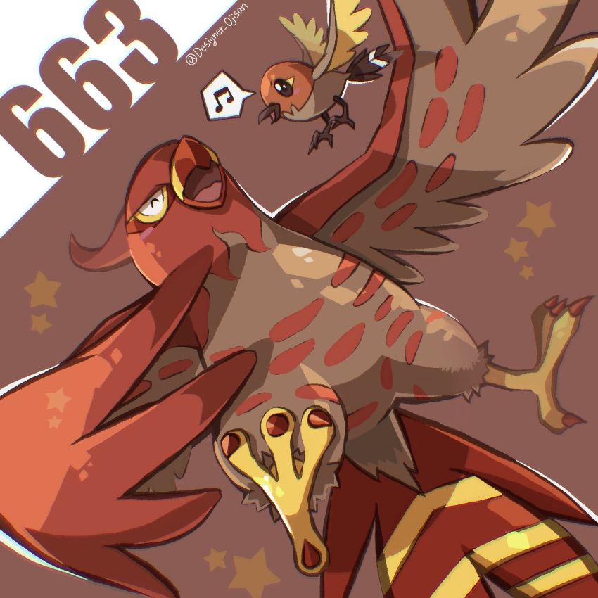 artist_name bird closed_eyes commentary_request designer_ojisan fletchling gen_6_pokemon grey_fur happy highres musical_note no_humans number open_mouth pokemon pokemon_(creature) spoken_musical_note star_(symbol) talonflame talons