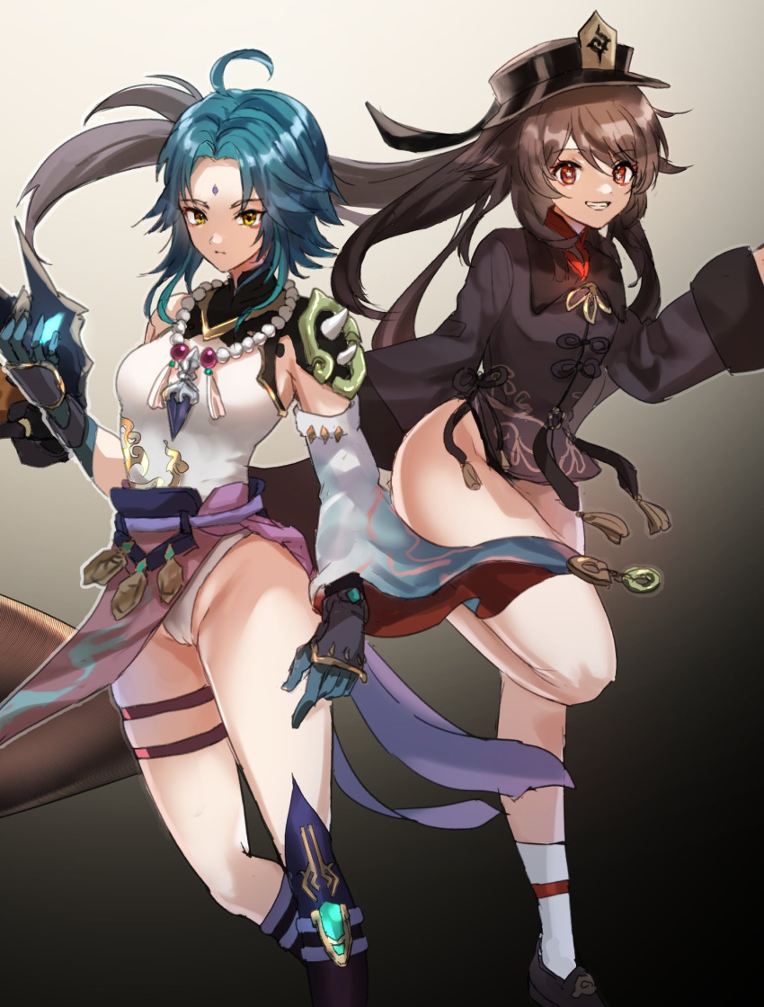 2girls ahoge arm_guards armor asymmetrical_clothes bangs bead_necklace beads black_gloves black_hair black_headwear black_legwear breasts brown_hair chinese_clothes closed_mouth commentary_request detached_sleeves diamond_(shape) eyebrows_visible_through_hair eyeshadow facial_mark flower-shaped_pupils forehead_mark genderswap genderswap_(mtf) genshin_impact gloves green_gloves green_hair hat highres holding holding_mask hu_tao jewelry leg_up long_hair long_sleeves looking_at_viewer makeup mask medium_breasts multicolored_hair multiple_girls necklace open_mouth parted_bangs pendant red_eyes red_eyeshadow short_hair_with_long_locks shoulder_armor shoulder_pads shoulder_spikes simple_background single_bare_shoulder single_detached_sleeve smile socks spikes symbol-shaped_pupils tassel two-tone_hair very_long_hair vision_(genshin_impact) wide_sleeves xiao_(genshin_impact) yavalley yellow_eyes zhongli_(genshin_impact)