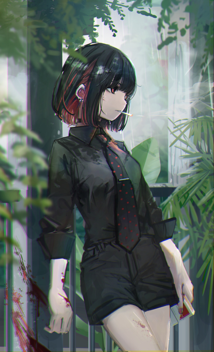 1girl absurdres black_hair black_shirt black_shorts blood blood_on_arm blood_splatter breasts choker cigarette collared_shirt colored_inner_hair earrings facing_to_the_side foliage hashimoto_kokai highres jewelry leaf leaning_on_rail long_sleeves marlboro medium_breasts multicolored_hair nature necktie original piercing plant polka_dot redhead shirt shirt_tucked_in short_hair shorts sleeves_rolled_up smoking tie_clip two-tone_hair