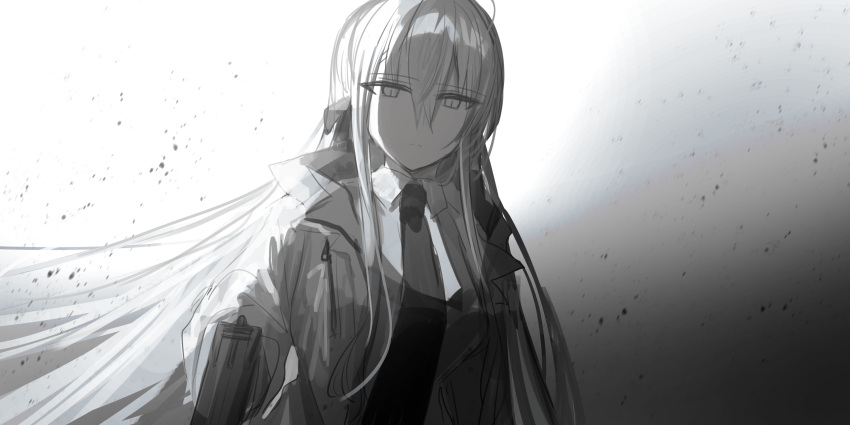 1girl ahoge bangs bow chihuri closed_mouth collared_shirt eyebrows_visible_through_hair gradient gradient_background grey_background greyscale gun hair_between_eyes hair_bow highres holding holding_gun holding_weapon jacket long_hair long_sleeves looking_at_viewer monochrome necktie open_clothes open_jacket original shirt solo upper_body very_long_hair weapon white_background zoya_petrovna_vecheslova