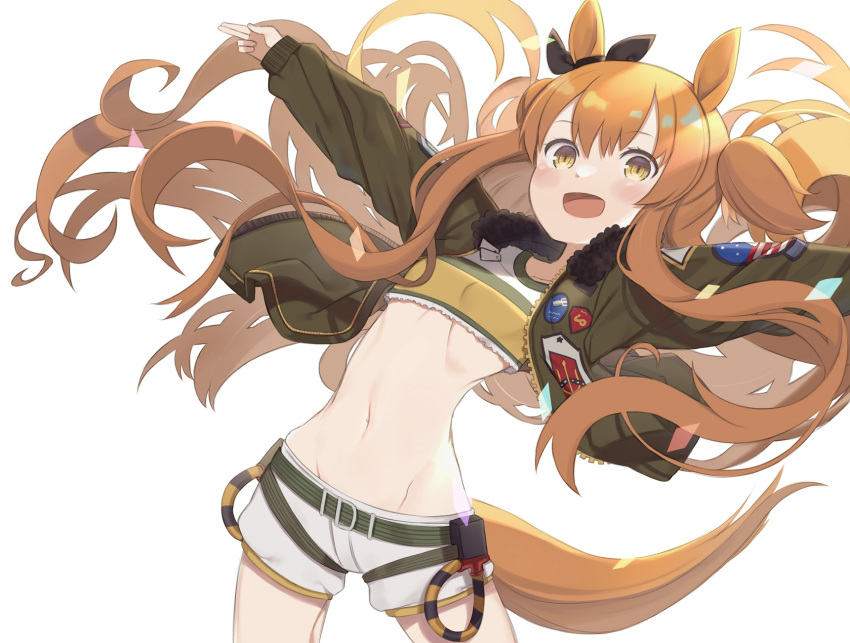 1girl :d animal_ears black_ribbon blush breasts brown_eyes brown_hair commentary_request crop_top ear_ribbon fur-trimmed_jacket fur_trim green_jacket highres horse_ears horse_girl horse_tail jacket long_sleeves looking_at_viewer mayano_top_gun_(umamusume) midriff navel open_clothes open_jacket open_mouth outstretched_arms ribbon short_shorts shorts simple_background sleeves_past_wrists small_breasts smile solo tail totatokeke twintails two_side_up umamusume white_background white_shorts