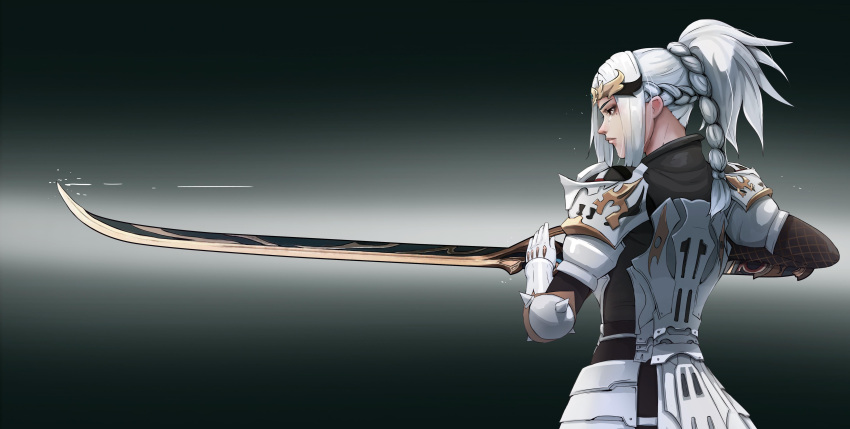 1girl absurdres armor braid brown_eyes circlet commission final_fantasy final_fantasy_xiv from_behind gauntlets gradient gradient_background highres hip_armor hyur katana mole mole_under_eye samurai_(final_fantasy) second-party_source short_hair short_ponytail shoulder_armor solo sword vincent_andrada weapon white_hair