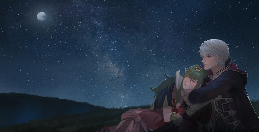 1boy 1girl coat couple fire_emblem fire_emblem_awakening gloves grass green_eyes green_hair hill holding_hands leaning_on_person lying night night_sky on_side robin_(fire_emblem) robin_(fire_emblem)_(male) shared_coat silver_hair sky smile star_(sky) starry_sky tiara tiki_(fire_emblem) yagaminoue