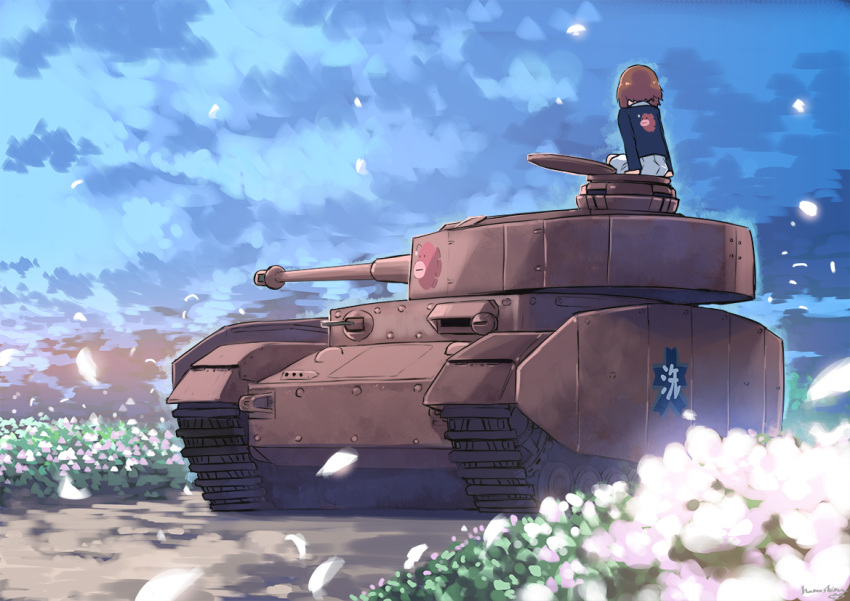 1girl brown_hair caterpillar_tracks clouds commentary_request emblem evening field flower flower_field girls_und_panzer ground_vehicle jack_hamster military military_vehicle motor_vehicle nishizumi_miho ooarai_(emblem) ooarai_military_uniform panzerkampfwagen_iv short_hair sitting sky solo tank