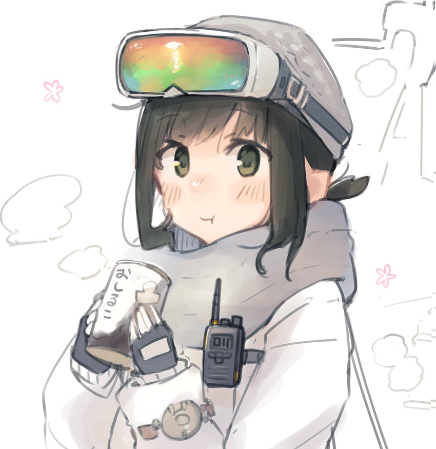 1girl alternate_costume beanie black_eyes black_gloves black_hair can commentary_request fingerless_gloves fubuki_(kancolle) gloves goggles goggles_on_head grey_headwear grey_scarf hat highres jacket kantai_collection low_ponytail ma_rukan ponytail romaji_commentary scarf short_ponytail sidelocks solo upper_body white_jacket winter_clothes