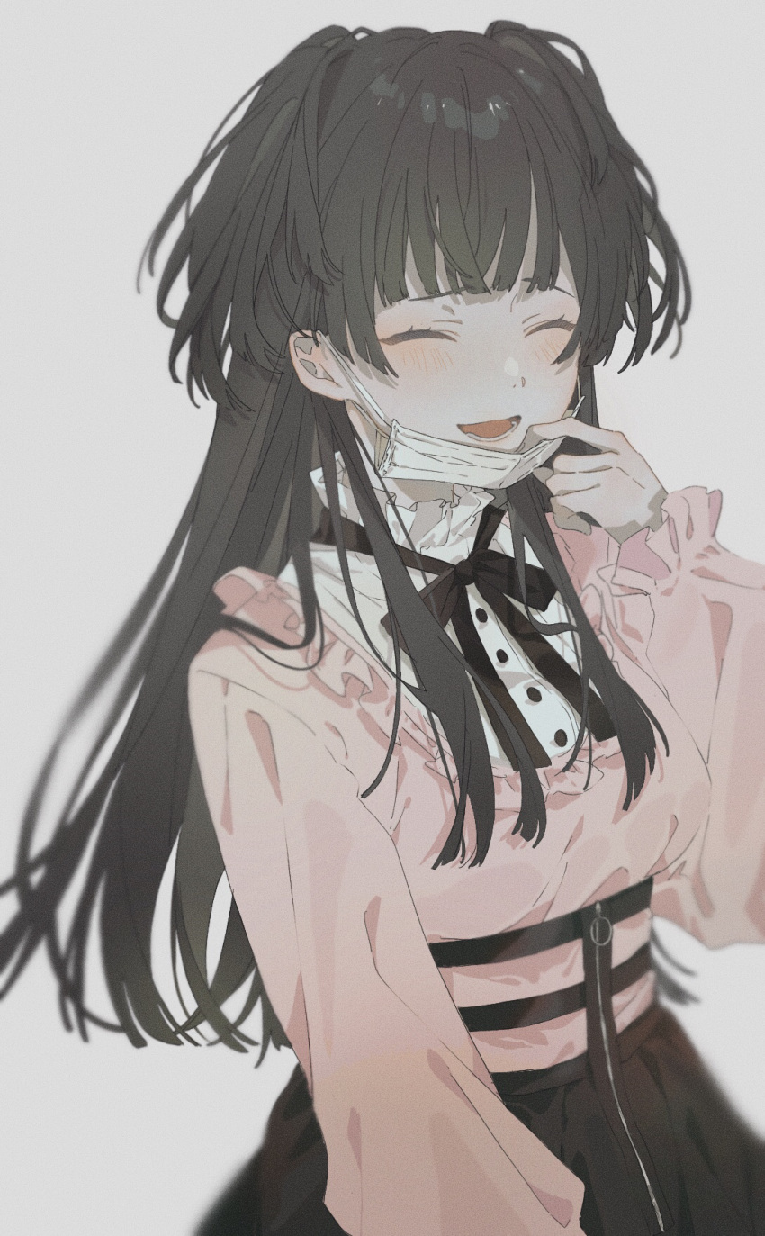 1girl bangs black_hair black_neckwear black_ribbon black_skirt blunt_bangs blurry blush breasts buttons closed_eyes depth_of_field facing_viewer frilled_shirt frilled_shirt_collar frilled_sleeves frills grey_background hand_to_own_mouth hand_up highres idolmaster idolmaster_shiny_colors long_hair long_sleeves mameko_(l8_w3) mask mask_pull mayuzumi_fuyuko medium_breasts mouth_mask neck_ribbon open_mouth pink_shirt pulled_by_self ribbon shirt sidelocks simple_background skirt sleeves_past_wrists smile solo standing surgical_mask teeth two_side_up upper_body