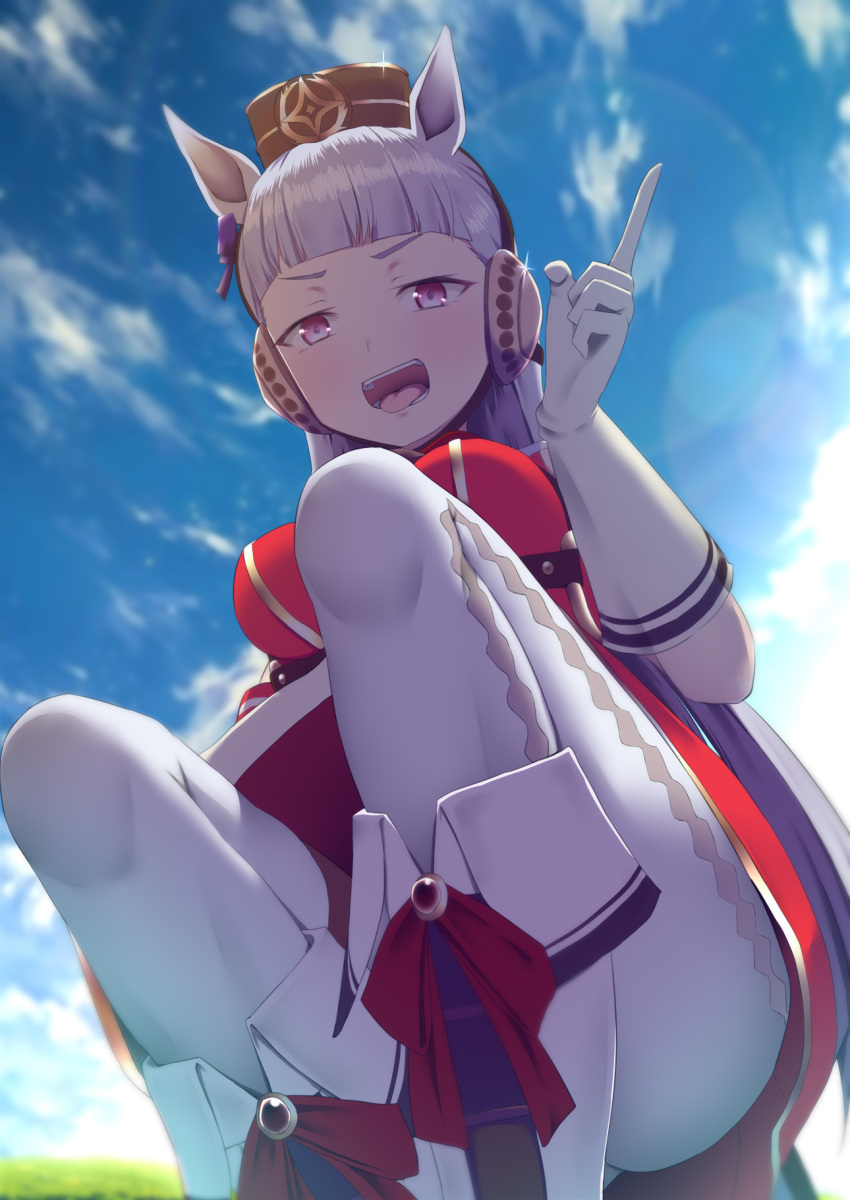 1girl animal_ears arm_up ashino_moto bangs blue_sky boots breasts clouds elbow_gloves from_below gloves gold_ship_(umamusume) hat highres horse_ears horse_girl large_breasts long_hair looking_at_viewer open_mouth outdoors pantyhose pointing red_shirt ribbon school_uniform shirt silver_hair sky smile solo squatting teeth tongue tongue_out umamusume white_footwear white_gloves white_legwear