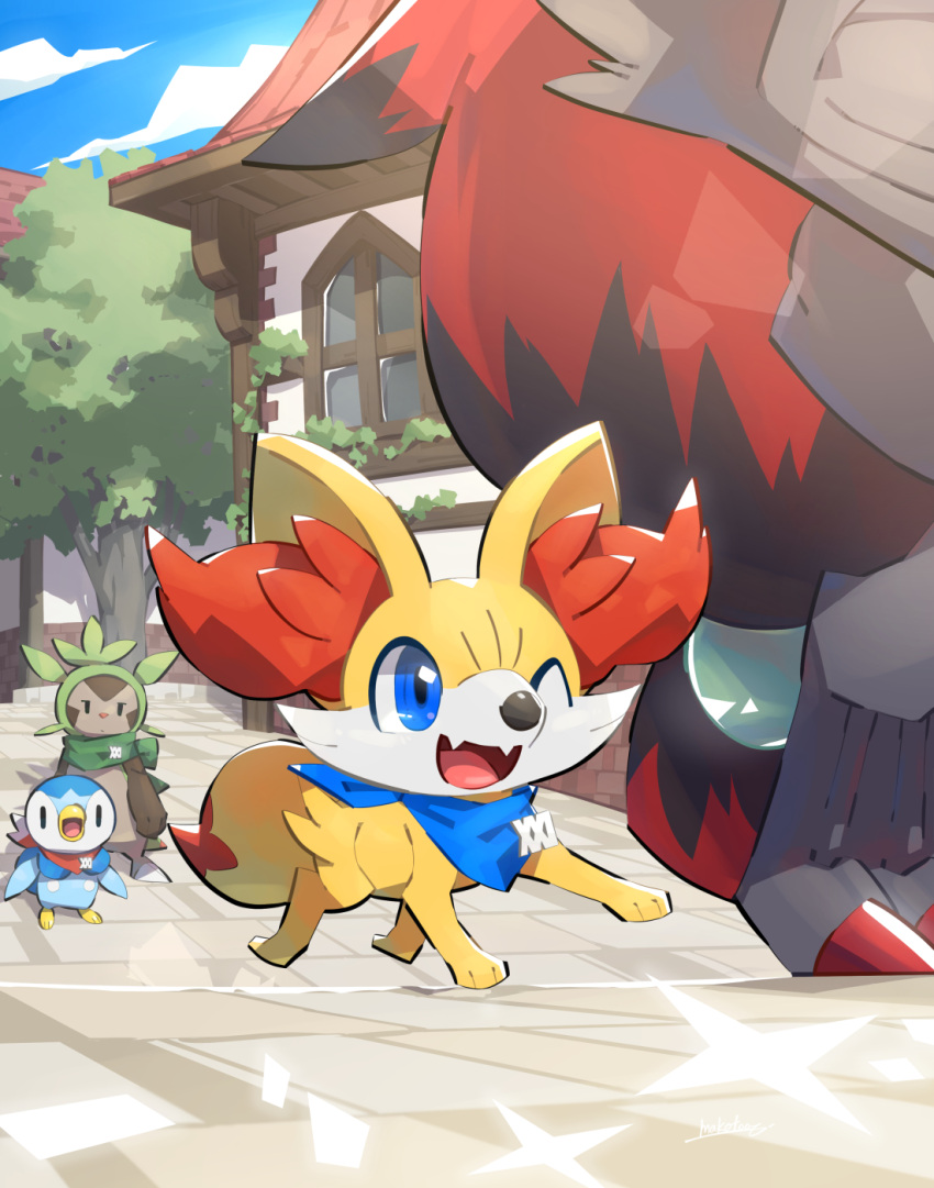 ;d blue_eyes building chespin clothed_pokemon clouds commentary_request day fangs fennekin gen_4_pokemon gen_5_pokemon gen_6_pokemon highres makoto_ikemu one_eye_closed open_mouth outdoors piplup pokemon pokemon_(creature) sky smile starter_pokemon tongue tree zoroark