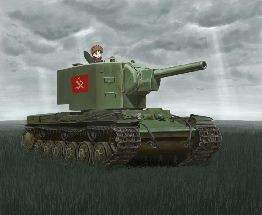 1girl black_hair blue_eyes caterpillar_tracks clouds cloudy_sky day emblem girls_und_panzer grass ground_vehicle hat highres kabochima kv-2 military military_vehicle motor_vehicle nina_(girls_und_panzer) open_mouth pravda_(emblem) pravda_military_uniform sky sunlight tank twintails